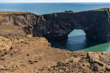 Dyrholaey sahil kayalıkları ve kayalık kemer, Vik, Güney İzlanda. Reyni.