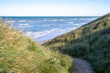 Hirtshals, Jutland 'daki Kuzey Denizi sahili manzaralı, yumuşak kum ve dalgalar kıyıya vuruyor.