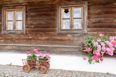Almanya 'nın Bavyera kentindeki eski çiftlik evinin önünde çiçeklerle dolu bir sepet.