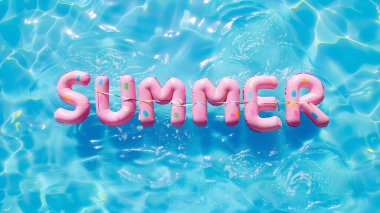 Yaz sezonu arka planında yüzme havuzu suyu ve yazlık kelime ile pembe şişirilebilir havuz mavi su üzerinde yüzer.