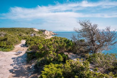 Korsika 'nın güneyindeki Bonifacio kıyısındaki gezinti güvertesinden mavi denize bakan beyaz tebeşir kayalıkları.