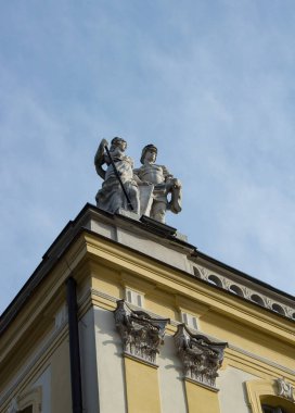 24.01.2023 Bialystok Poland.View of the beautiful historical sculptures on the roof of the Branicki Palace.