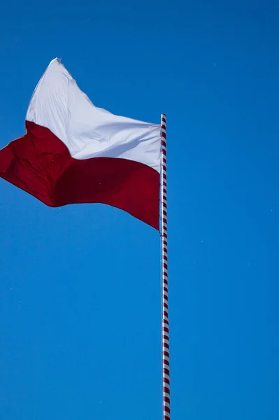 12.03.2023 Bialystok Poland.Beyaz ve kırmızı ulusal Polonya bayrağı mavi gökyüzüne karşı.