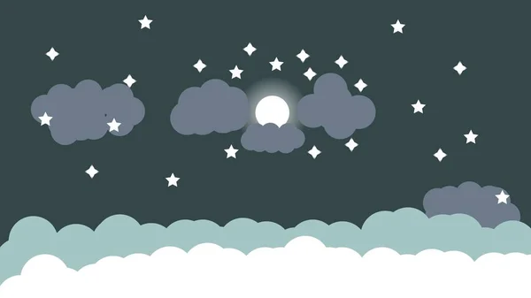 Dolunay, vektör, dolunay, yıldızlar ve gece yarısı gökyüzünde bulutlar. Bulutlu gece gökyüzü (izole edilmiş kopyalanmış uzay), yıldızlar ve ay