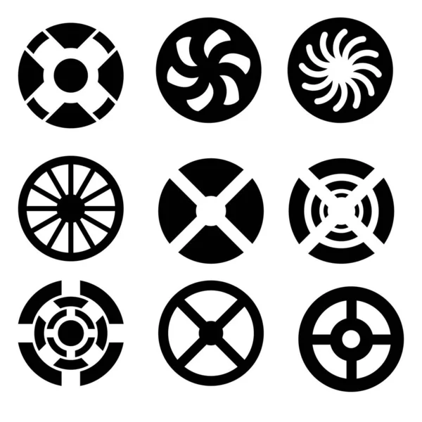 Bir dizi spiral ve daire elementleri, siyah izole nesneler. Simgeler siyaha ayarlandı. Çerçeve, logo, web sayfaları, baskılar, posterler, şablon, soyut vektör arkaplanı için tasarım ögesi.