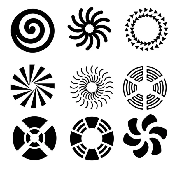 Bir dizi spiral ve daire elementleri, siyah izole nesneler. Simgeler siyaha ayarlandı. Çerçeve, logo, web sayfaları, baskılar, posterler, şablon, soyut vektör arkaplanı için tasarım ögesi