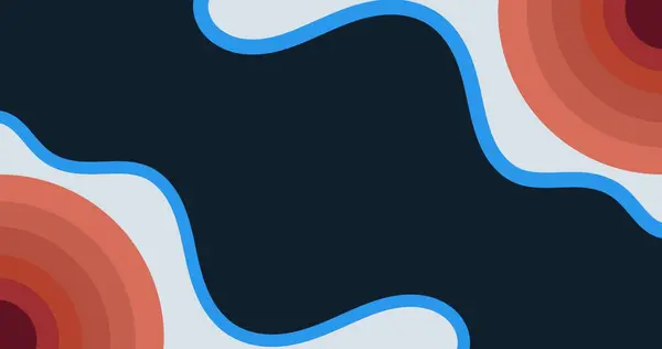 Kalın mavi çizgilere sahip soyut dalgalı şekiller koyu ve açık arkaplanlara karşı akışkan bir kontrast oluşturur, her iki kenardaki turuncu-kırmızı tonların dairesel grafikleriyle tamamlanır..