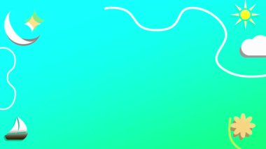 Güneş, ay, bulutlar, bir tekne ve neşeli bir atmosfer için dekoratif çizgilerin yer aldığı parlak mavi-yeşil bir gradyanı olan canlı bir çizgi film canlandırması..