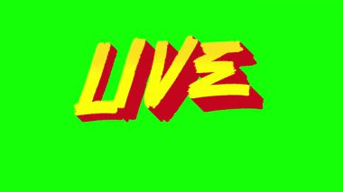 Yeşil ekran arkaplanında LIVE sözcüğünü gösteren 3D metin animasyonu çıkar. Kalın, dinamik tasarım kusursuz döngü videosu, yayın örtüleri, yayın uyarıları ve video prodüksiyon projeleri için ideal.