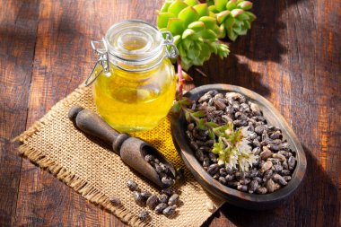 Castor grains and oil on the table, close-up image