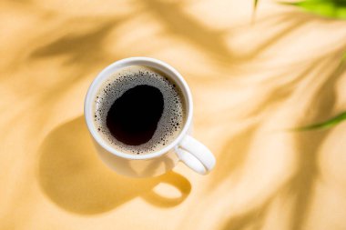 Kolombiya Kahve molası: Sarı Arkaplanda Doğal Gölgelerle Bir fincan Joe