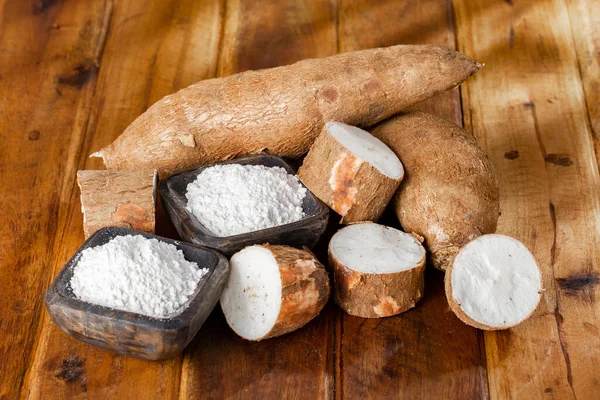 Pile Cassava Cassava Cassava Flour Background Rustic Wood Manihot Esculenta Stock Image