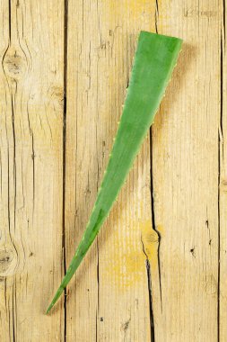 Aloe vera yaprağı, aşınmış sarı tonda ahşap bir tahtanın üzerinde görülür.