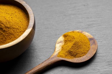 Tahta Kaşıklar Üzerine Renkli Baharatlar Curry, zerdeçal, ve Paprika Karanlık Sayfa Arkaplanda