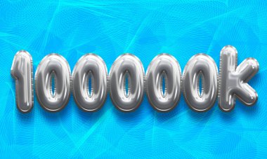 Number of One Hundred Thousand in Silver Balloons on a Blue Background