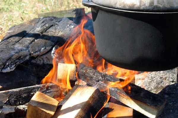 a pot smoking on a campfire, a bright campfire fire