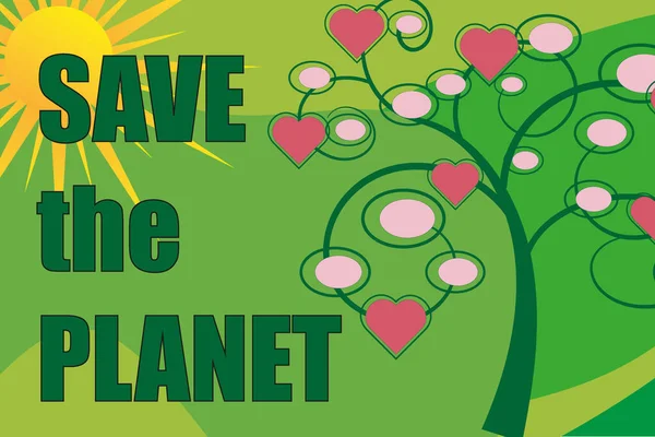 Spanduk Prasasti Simpan Pohon Planet Dengan Hati Dengan Matahari - Stok Vektor