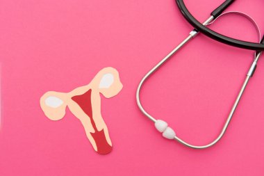 Stetoskop ve Kadın Rahim Kağıt Kesme Pembe Arkaplan