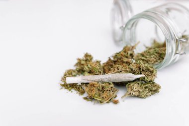 Tıbbi esrar, beyaz arka planda cam bir kavanozun dışındaki kurutulmuş marihuana tomurcuklarına sarılmış.