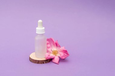 Cam kozmetik şişesi, ahşap bir kesiğin üzerinde duruyor. Mor arka planda pembe gülün yanında. Sağlık ve vücut bakımını destekliyor.