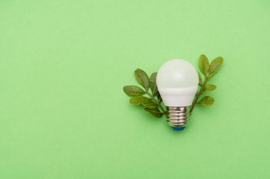 Yeşil arka planda yeşil yapraklı LED ampul, yenilenebilir ve sürdürülebilir enerji kavramı