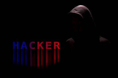 Siyah arkaplanda parlayan Hacker metni olan hacker 'ın başlıklı silueti