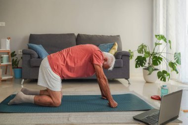 Üst düzey bir adam laptoptaki online dersi takip ederek evde bir paspasın üzerinde yoga yapıyor.