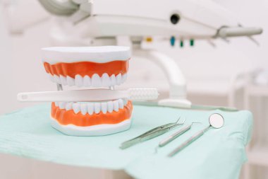 Diş fırçasının diş fırçası ve diş aletleri, klinikte ağız hijyeni ve diş bakımının teşvik edilmesi.