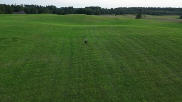 Pemandangan Udara Terbang Atas Pendeteksi Logam Lapangan Berjalan Sendirian Wheatfield — Stok Video
