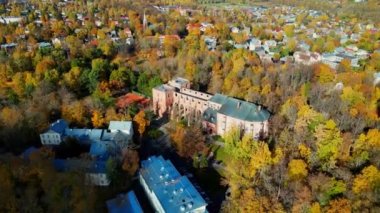 Sonbahar şehrindeki hava görüntüleri. Sarı, kırmızı ve turuncu ağaçların üzerinde uçuyor. Şehirdeki Estonya katedrali. Güneşli bir sonbahar akşamı, altın gün batımı. Ortaçağ şehri. 