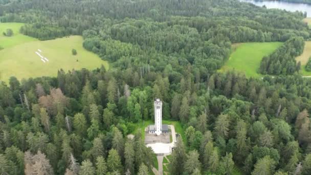 深い森の中の有名な展望台のランドマーク 夏の森の中の観光観測塔 緑の森 湖と霧の背景に霧 高パノラマ展望塔 — ストック動画