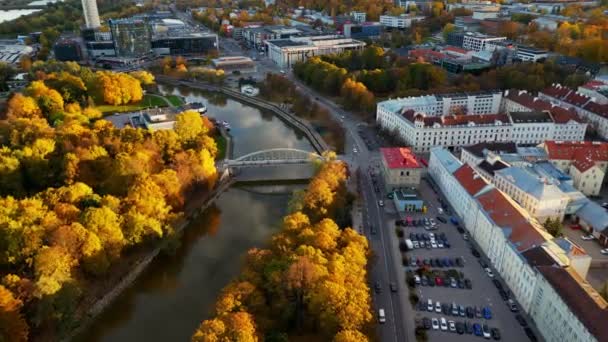 空中看到汽车在路上行驶和人们在十字路口行走的景象 秋天的风景 交通公路交通 飞越建筑物 停放汽车 城市中的桥梁和河流 — 图库视频影像