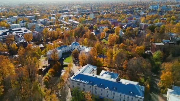 Aerial View Autumn Trees City Roofs Buildings Colorful Autumn Trees — Stock Video