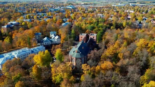 Luftaufnahme Von Herbstbäumen Der Stadt Und Dächern Von Gebäuden Bunte — Stockvideo