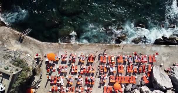 Top Aerial View Colourful Orange Sun Umbrellas People Relaxing Summer — Vídeos de Stock
