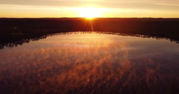湖の霧 早朝の霧が穏やかな水 湖の上に浮かんでいます 朝の霧は 日の出を撮影します 森の背景と美しい平和的な反射 夜明けに湖の上に蒸気 — ストック動画