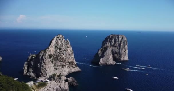 Aerial View Three Faraglioni Rocks Capri Island Aerial Drone View — Stockvideo