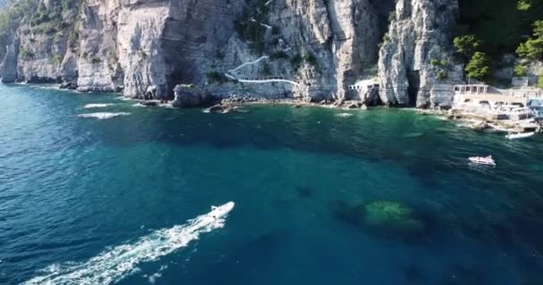 Aerial Drone Tracking Video Luxury Yacht Cruising Deep Blue Ocean — Stockvideo