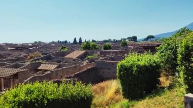 Exploring the ruins of Pompeii, ruins of ancient Roman city destroyed by volcanic eruption of volcano Mount Vesuvius. Ruins of famous Pompeii city, Italy. Archaeological city. Campania, Italy, Europe