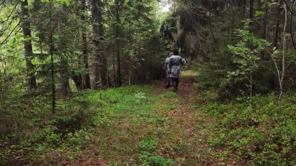 Two People Raincoat Walking Deep Forest Leaving Going Home Natural — Stock Video