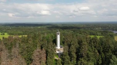 Famous observation tower landmark in deep forest. Tourist observation tower in the summer forest. Green forest, lake and a misty fog in the background. High panorama observation tower. High quality 4k