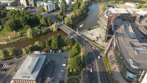 Aerial City View Drone Footage City Narrow Canal Bridges Boats — Stockvideo