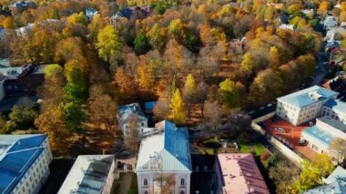 Aerial view of autumn trees in city and roofs of buildings. Colorful autumn trees during sunset, View of Tartu University, Estonia. Forest leaves changing color in Autumn. Tartu University hall.
