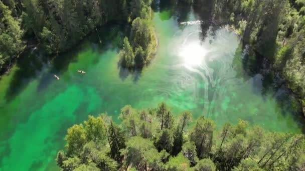 透明なミネラルウォーターでターコイズブルーの青い湖の上に空中 透明な水の風光明媚な緑の松の木に囲まれた 映画の野生の自然空中 晴れた夏の日に手付かずの自然 — ストック動画