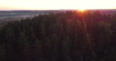 Sunrise rays shining through, Aerial drone view of sunrise over misty landscape. Sun shining through fog mist. Sunrise in Misty Countryside. Magical Fog to Horizon. Calmness, relaxation, meditation.