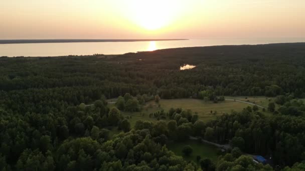 Drone Flying Green Jungle Forest Coast Sunset Light Shining Ocean — Stockvideo