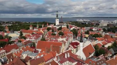 Tallinn 'in eski kasabasının güzel hava manzarası, kırmızı çatı binaları. Estonya, Tallinn şehir merkezi ve ortaçağ eski kasabası, yaz güneşli bir gün. Şehir meydanı belediye binası, eski mimari..