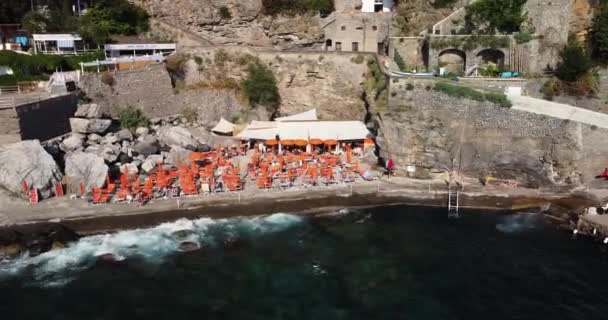 Top Aerial View Colourful Orange Sun Umbrellas People Relaxing Summer — Stock video