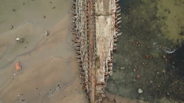 Abandoned Shipwreck Abandoned Broken Boat Full Holes Lying Seashore Wreck — Stock Video