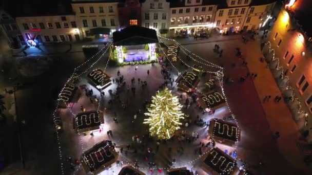 市政厅前的圣诞市场 假日和庆祝概念 在旧市政厅广场的圣诞晚会市场 爱沙尼亚塔林 古城广场高大美丽的照明树 — 图库视频影像